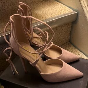 Lulus Lace-Up Pointed Toe High Heels in Blush Pink